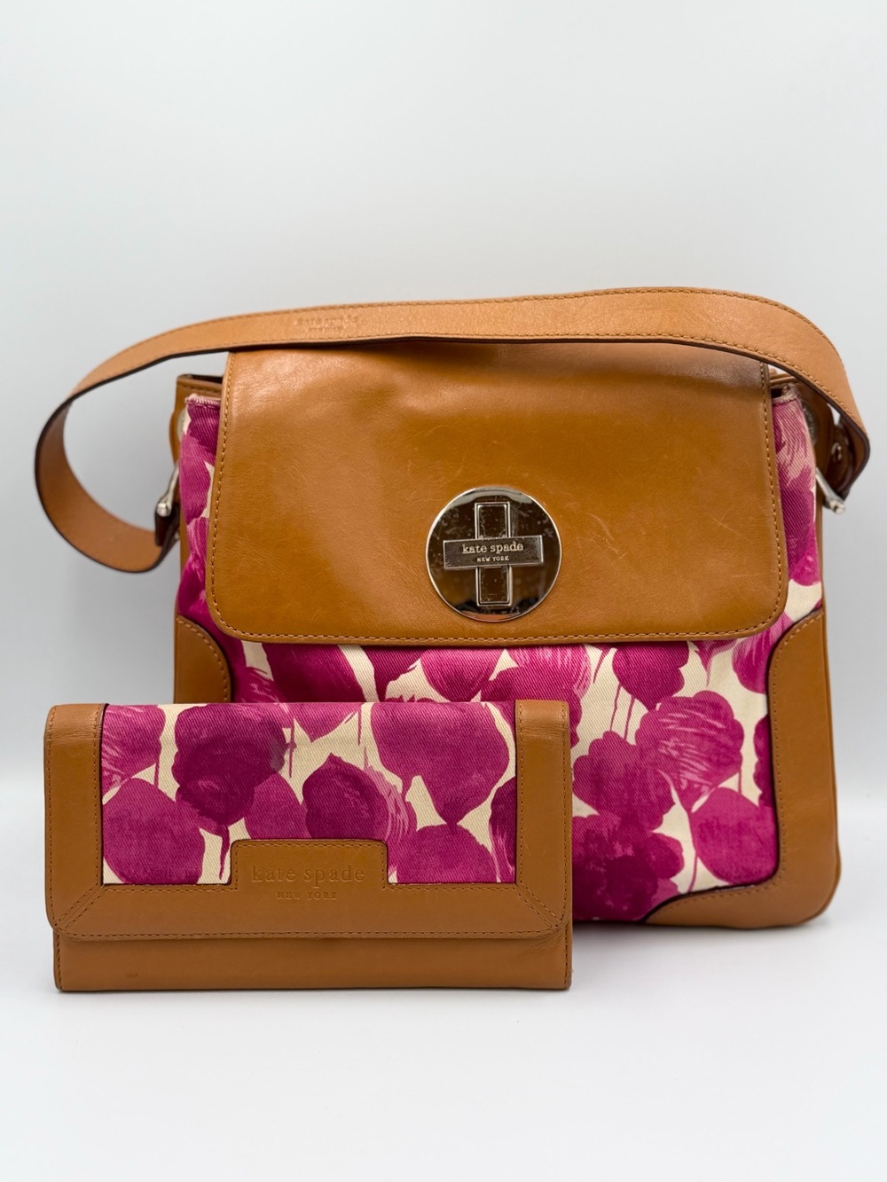 kate spade Floral Canvas & Tan Leather Crossbody Bag with Matching Wallet - Pink